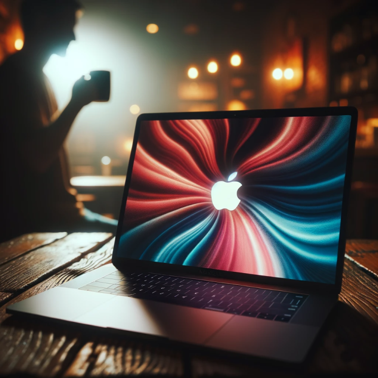 DALL·E 2023-11-01 09.24.33 – Photo of a MacBook with a glowing Apple logo, placed on a rustic wooden table in a dimly lit coffee shop. The laptop screen displays a vibrant wallpap
