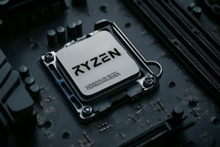 一颗安装在主板插槽中的高性能 AMD Ryzen 处理器，周围可见内存插槽和散热元件。