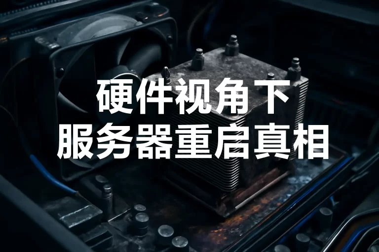 服务器内部特写，显示积尘的CPU散热器与风扇，主板上电容略有焦痕