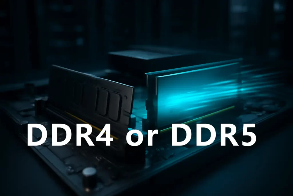 两条安装在服务器主板上的内存条，左侧为传统的DDR4，右侧为发出蓝色光效的高速DDR5模块