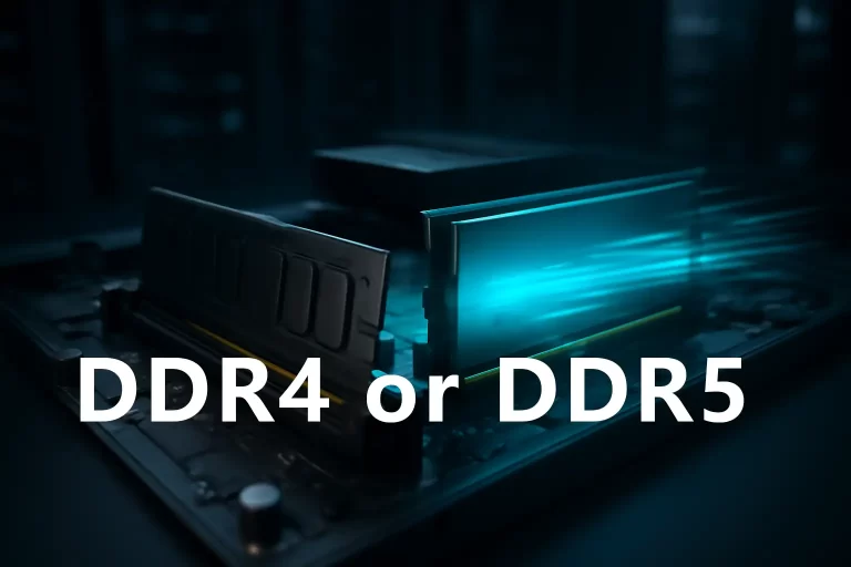 两条安装在服务器主板上的内存条，左侧为传统的DDR4，右侧为发出蓝色光效的高速DDR5模块