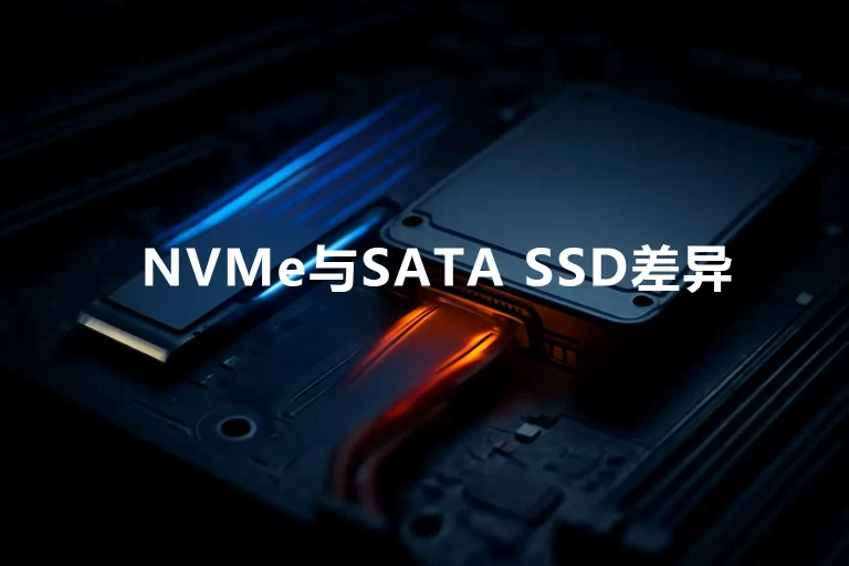 一块M.2 NVMe SSD与一块SATA接口SSD并排安装在主板上，分别通过蓝色与橙色光效展现性能差异