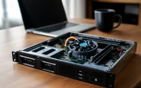 一台打开盖板的1U机架服务器放在木质桌面,内部可见散热风扇和主板组件,后方有一台笔记本电脑和咖啡杯。