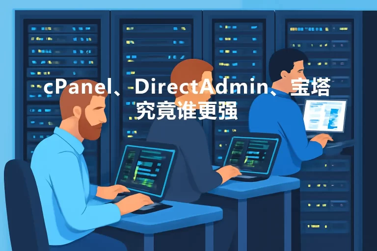 三名技术人员在数据中心操作笔记本电脑与服务器，背景为整齐排列的服务器机柜和发光指示灯。