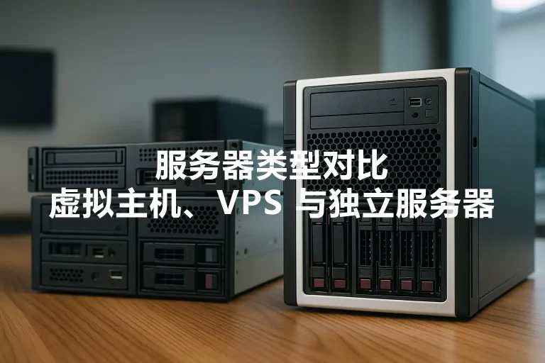 三种类型服务器设备并排放置，展示从虚拟主机、VPS 到独立服务器的外观差异