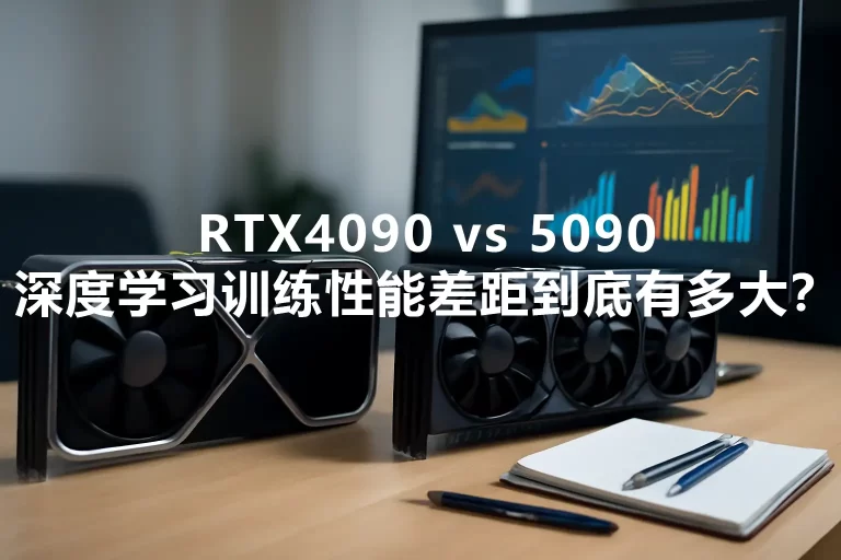 两块高端显卡和几支笔摆放在办公桌上，旁边有一本记事本和一台显示图表的电脑显示器。