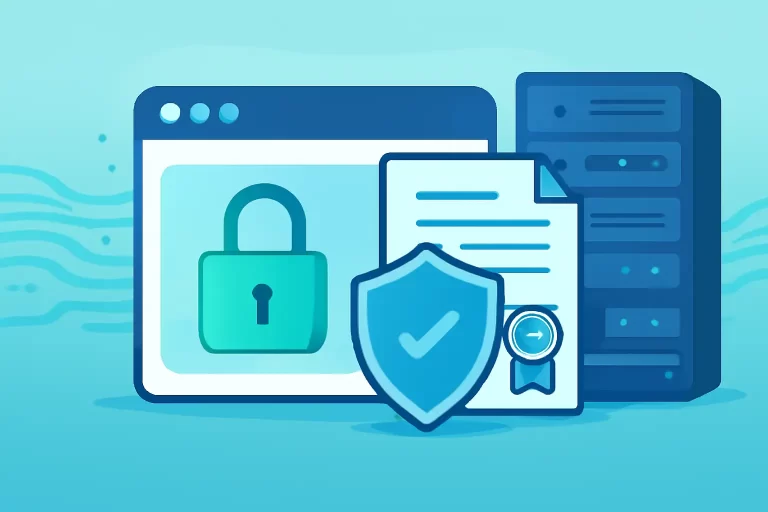 浏览器安全锁图标与数字证书、盾牌图标组合，象征网站 SSL/TLS 加密保护