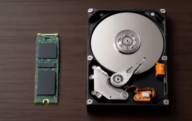 一块NVMe M.2固态硬盘与一块3.5英寸机械硬盘并排放置在深色木质表面上