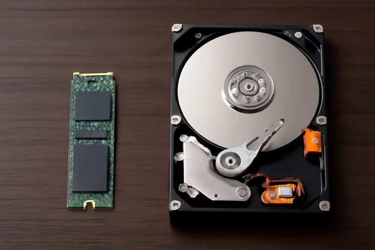 一块NVMe M.2固态硬盘与一块3.5英寸机械硬盘并排放置在深色木质表面上