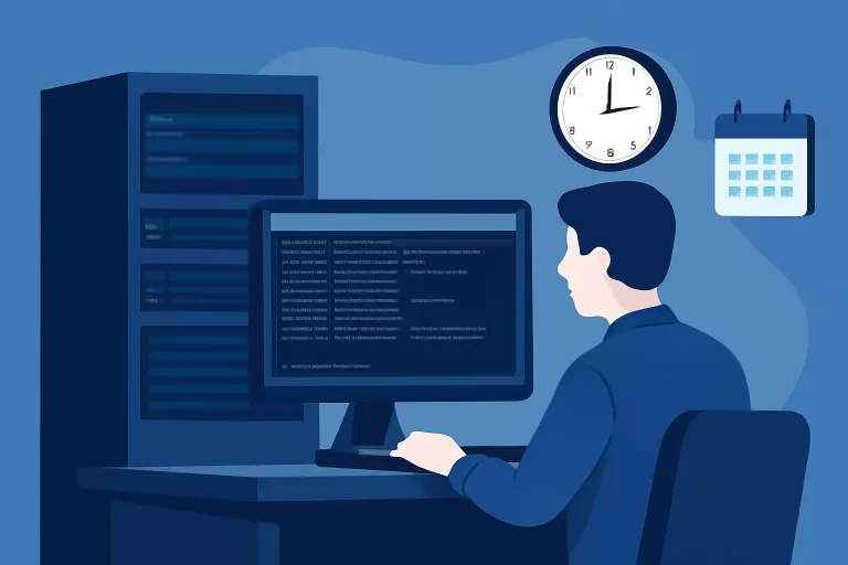 一位系统管理员在Linux服务器前分析命令行日志，旁边有时钟和日历元素，环境展现运维工作氛围