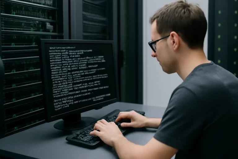 一名运维工程师正在机房中，面对一组服务器和一台显示着Linux命令行界面的显示器，屏幕上显示着多行终端输出，环境安静有序，突出排查工作的氛围。