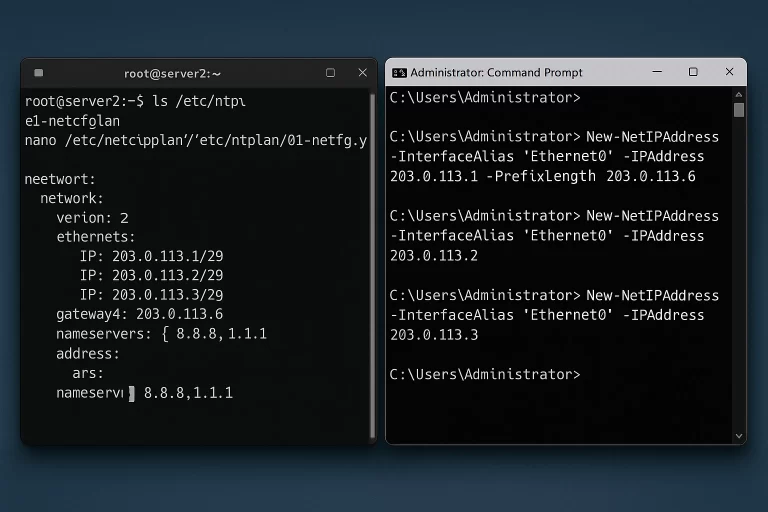 一张包含Linux与Windows终端窗口的对比截图，展示了IP地址配置过程