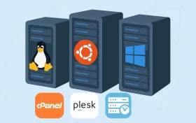三台服务器分别展示Linux、Ubuntu和Windows系统标志,背景为淡蓝色网络网格图案。