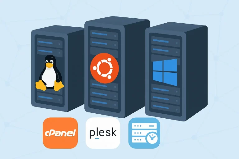 三台服务器分别展示Linux、Ubuntu和Windows系统标志，背景为淡蓝色网络网格图案。