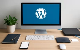 高分辨率图像展示了一个现代简洁的工作台，上面摆放着显示WordPress标志的平面显示器。