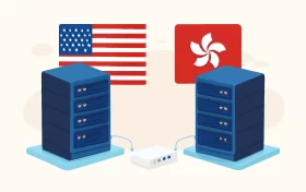 美国与香港数据中心服务器通过交换设备连接,展示地域服务器部署差异。