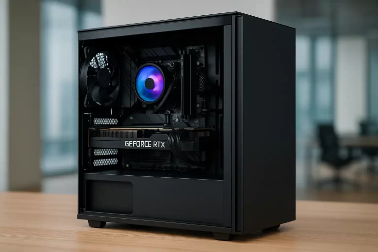高性能桌面服务器主机，搭载GeForce RTX显卡和RGB散热风扇，放置在现代办公室的浅色木桌上，展示内部硬件结构。