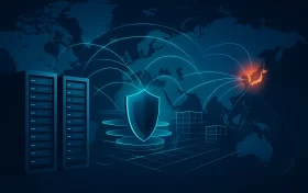 日本高防DDoS防御示意图，画面包含数据中心服务器、发光的盾牌与连接日本的网络线条，突出防护概念