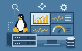 Linux企鹅图标旁边的服务器与性能监控面板，展示资源利用率和优化趋势