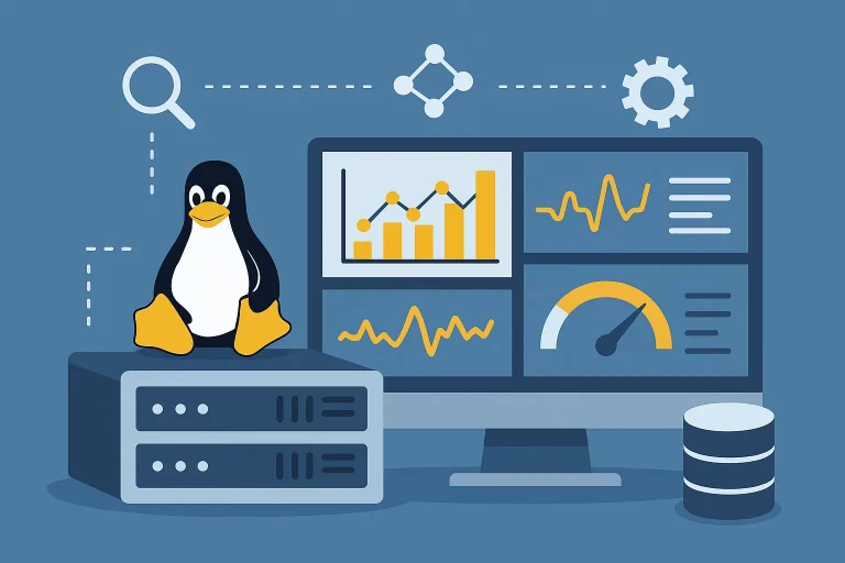 Linux企鹅图标旁边的服务器与性能监控面板，展示资源利用率和优化趋势