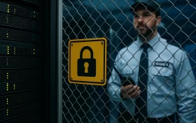 服务器机房内，前景是带有绿色和黄色指示灯的机架服务器，铁丝网与安全警示牌隔离区域，背景有一名安保人员站立