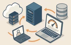 一幅展示云服务器、CDN节点、数据库和终端设备相互连接的等距插画