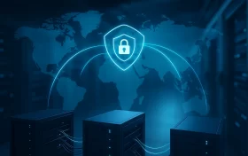 一组部署于海外的数据中心服务器，展示了VPN加密连接的网络架构与数据流动路径