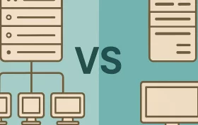 对比海外虚拟主机与海外VPS云服务器的插画，左边展示一个共享服务器连接多个显示器，右边是一个独立的服务器与单个显示器