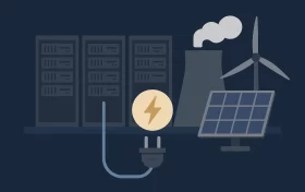 服务器机房与能源消耗示意图，展示了服务器电力连接与背后支持的可再生能源设施