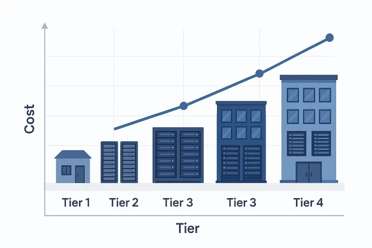 数据中心Tier等级与费用关系的对比示意图，展示从Tier1到Tier4的建筑规模、服务器架构和成本逐步上升的趋势。