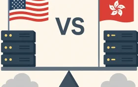 A 2D illustration of a server comparison with an American flag and a Hong Kong flag on opposite sides of a balanced scale, each with server stacks underneath.