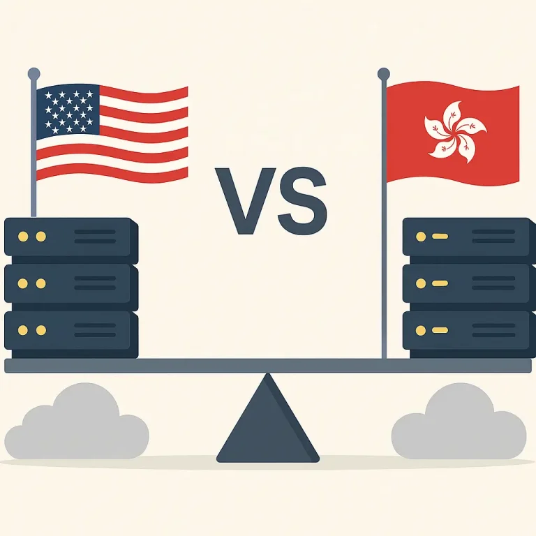 A 2D illustration of a server comparison with an American flag and a Hong Kong flag on opposite sides of a balanced scale, each with server stacks underneath.
