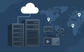 云服务器与全球分布的连接示意图，展示服务器机架、云图标及世界地图上多个位置标记