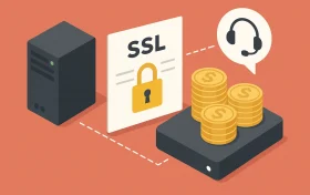 服务器、SSL证书图标、金币堆叠和客服耳机图标的等距视角插画，用于表现日本服务器购买中常被忽视的费用组成。