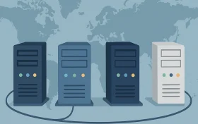 数据中心服务器在全球地图上的视觉表示，展示美国、日本、香港、新加坡等地区的服务器位置和互联关系