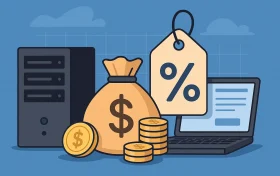 服务器、钱袋、折扣标签和电脑组成的插画，象征托管服务购买中的价格策略