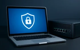 显示锁形图标的笔记本电脑与一台正在运行的现代服务器并列摆放，象征金融数据安全