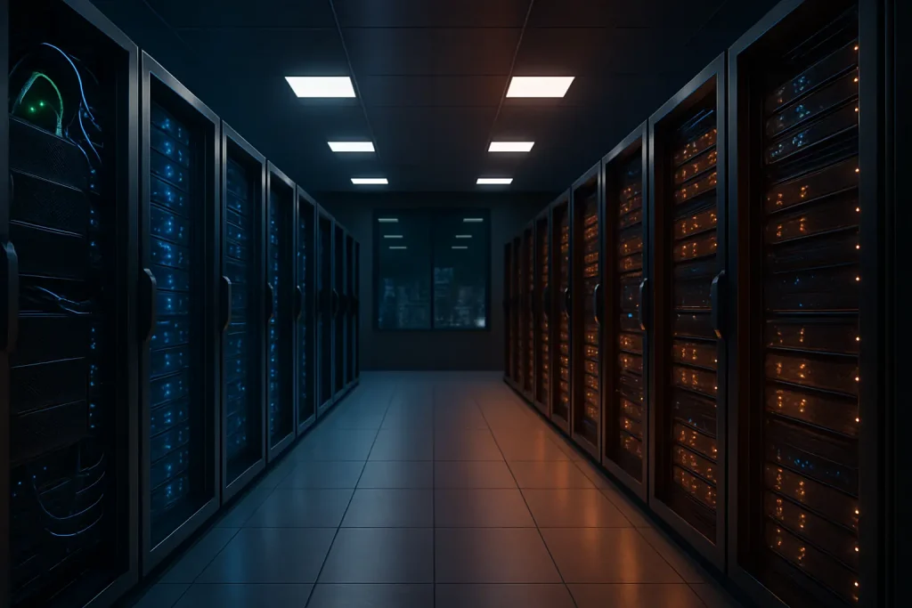 两组对称的服务器机架分别以蓝色和橙色灯光区分，象征Linux与Windows系统在香港数据中心中的应用。