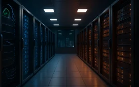 两组对称的服务器机架分别以蓝色和橙色灯光区分，象征Linux与Windows系统在香港数据中心中的应用。