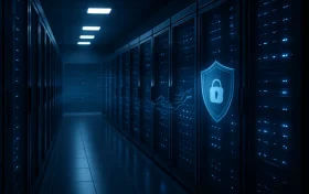 现代化美国数据中心机房内的高防服务器设备，象征跨境电商的网络安全与稳定运行