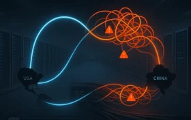 两条从美国通往中国的数据链路在数据中心背景中对比呈现，左侧为蓝色直连专线，右侧为橙红色拥塞线路，展示网络质量差异