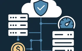 高防云服务器与成本要素相关的图像：中央云图标带有安全盾牌，四周围绕服务器、带宽速度表、金钱符号齿轮，通过数据线连接，展示价格构成关系。