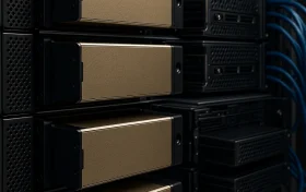 多块高性能GPU服务器以模块化方式堆叠，并通过蓝色网络线互联