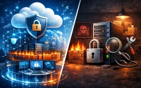 横向画面中左侧展示云计算环境的安全防护场景，包含云形态、盾牌、锁、网络节点和多层防火墙结构，右侧展示单一物理服务器环境，周围配有基础防护设施和简单安全工具