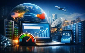 图中展示了服务器机架、笔记本电脑、测速仪表、卫星天线、手机和地球仪，中美之间有光缆连接，背景为城市天际线。