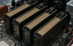 一台服务器内部安装了四张横置GPU卡，周围有整齐布线和多个风扇