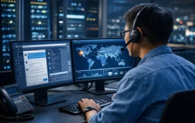 一位戴着耳麦的技术支持人员在夜间办公室中监控双屏服务器系统