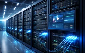 多个高性能服务器机架，连接蓝色发光光纤线缆，前方屏幕显示图表和播放界面