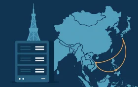 一幅展示日本服务器与亚洲地区网络连接的插图，左侧为服务器与东京塔图标，右侧为亚洲地图，连接线路用橙色线条表示