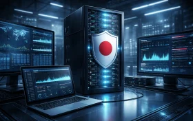 数据中心内的高防服务器，前方为带有实时网络图表的笔记本电脑与监控显示器